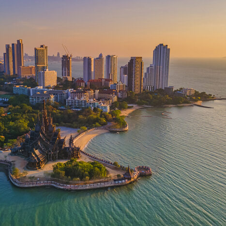 Sanctuary of Truth, Pattaya, Thailand during sunset seen from a high angle view from drone