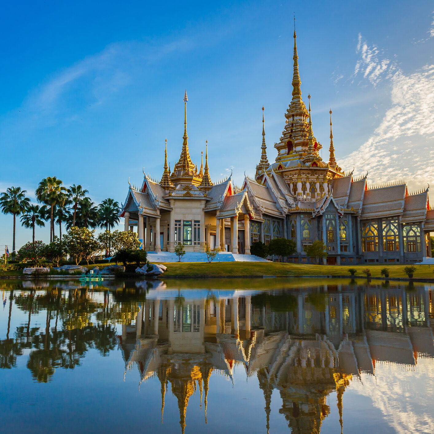 Wat Non Kum or Wat Luang Pho To in Sikhio District, Nakhon Ratchasima, Korat, Thailand is a symbolic place of temples in Thailand. At sunset, there is a reflection in the water.