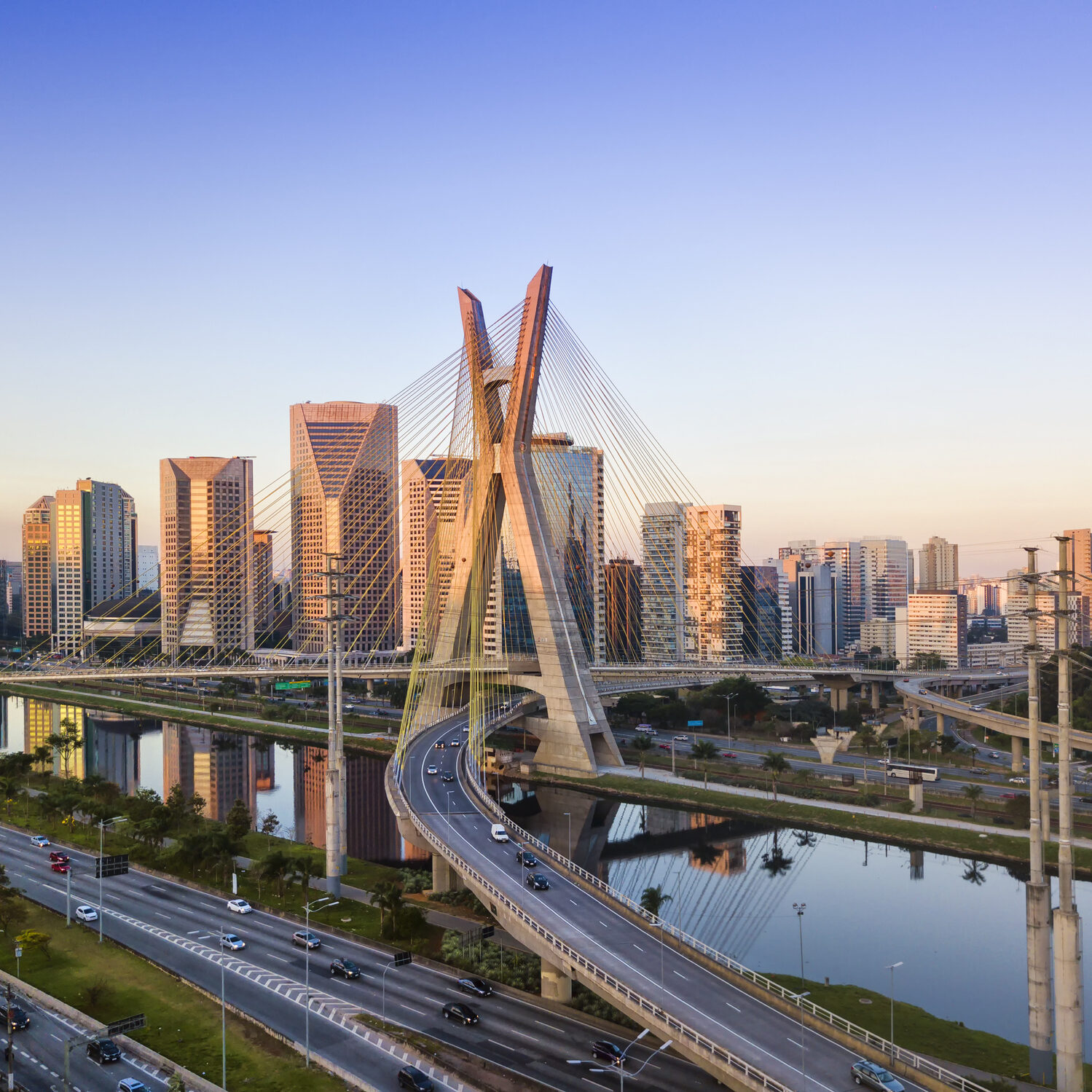 Aerial view of the famous cable-stayed bridge of Sao Paulo city.